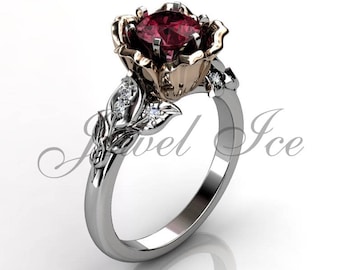 Ruby & Genuine Diamond Engagement Ring, 14k White and Rose Gold Flower Engagement Ring, Ruby July Birthstone Ring, Mothers Ring BR-1033-5R