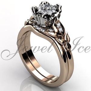 Flower Engagement Ring Set - 14k Rose and White Gold Diamond Cluster Setting Unique Flower Wedding Band Engagement Ring Set ER-1062-6