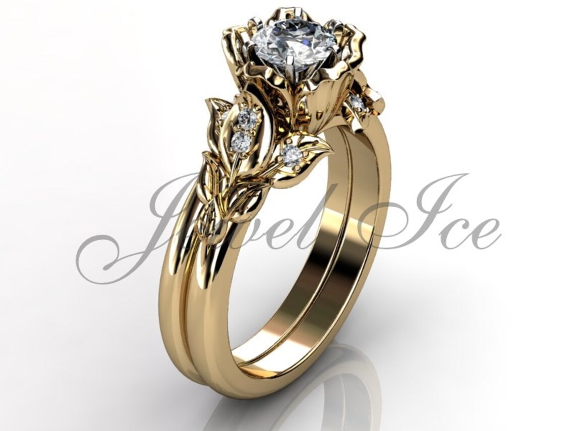 Engagement Ring Set 14k Yellow Gold Diamond Unique Flower Etsy