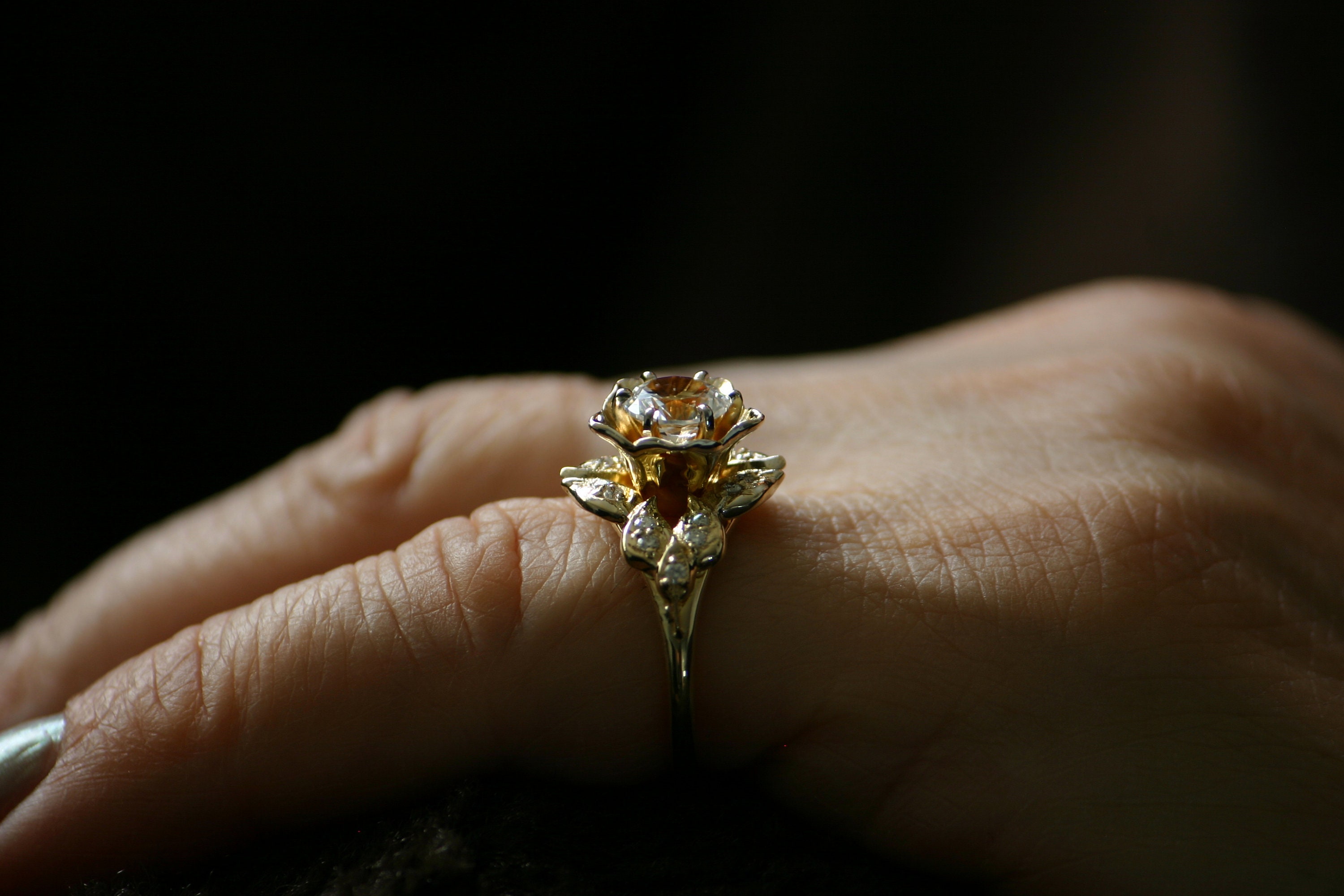 Leaves & Flower Engagement Ring 14k Yellow Gold Diamond Leaf Etsy