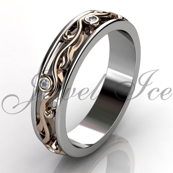 Floral Wedding Band - 14k White and Rose Gold Diamond Unusual Unique Leaf and Vine Wedding Band LB-2017-5.