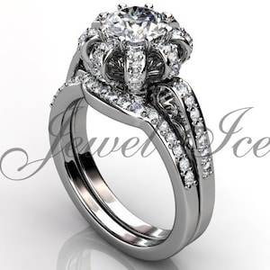 Crown Engagement Ring Set - Platinum Diamond Art Deco Crown Wedding Band Engagement Ring Set, Crown Wedding Ring, Crown Bridal Set ER-1151