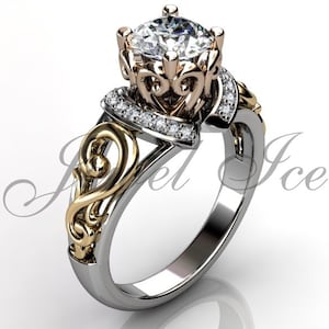 Engagement Ring - 14k White Yellow and Rose Gold Diamond Art Deco Filigree Scroll Engagement Ring Wedding Ring Anniversary Ring ER-1124-8