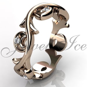Floral Wedding Band - 14k Rose Gold Diamond Unusual Unique Leaf and Vine Floral Wedding Band LB-2020-3.