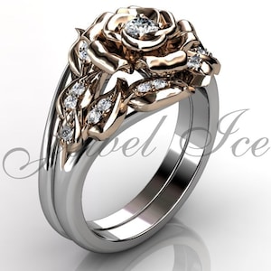 Engagement Ring Set - 14k White and Rose Gold Diamond Unique Flower Wedding Band Engagement Ring Set Bridal Set ER-1126-5