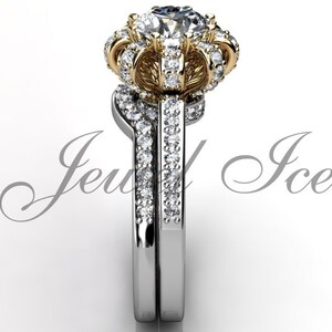 Crown Engagement Ring Set - 14k White and Yellow Gold Diamond Art Deco Crown Wedding Band Engagement Ring Set, Crown Wedding Ring ER-1151-4