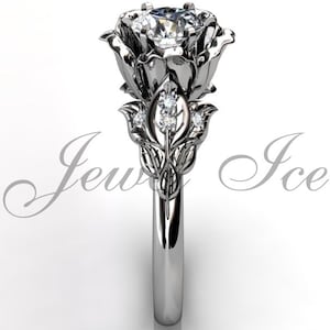 Anillo de compromiso de flores - 14k Diamante de oro blanco inusual único hoja y anillo de compromiso de flores, anillo de bodas de flores, anillo de promesa ER-1033-1