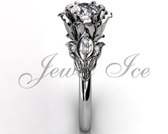 Flower Engagement Ring - 14k White Gold Diamond Unusual Unique Leaf and Flower Engagement Ring, Flower Wedding Ring, Promise Ring ER-1033-1