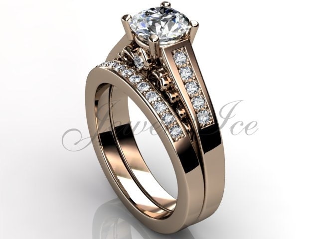 Victorian vintage Fleur-de-Lis 14k rose gold diamond unusual unique floral engagement set, wedding ring ER-1096-3