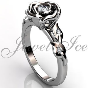 Enchanted Rose Flower Ring - 14k White Gold Beauty and the Beast Rose Flower Ring, Promise Ring for Women, Anniversary Gift ER-1110-1