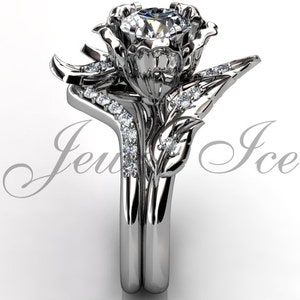 14k white gold diamond unusual unique flower engagement ring, bridal ring, wedding ring, flower engagement set  ER-1083-1