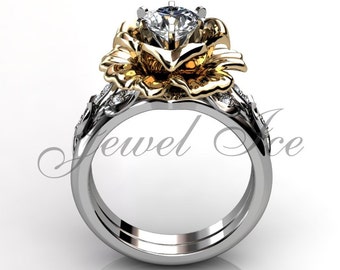 14k tweekleurige witte en geelgouden diamant ongewone unieke bloem verlovingsring, trouwring, bloem verlovingsset ER-1055-4