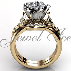 Flower Engagement Ring Set - Yellow and White Gold Diamond Unique Flower Wedding Band Engagement Ring Set, Floral Wedding Ring ER-1149-7