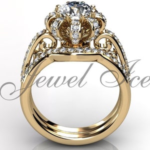 Crown Engagement Ring Set - 14k Yellow Gold Diamond Unique Art Deco Crown Wedding Band Engagement Ring Set, Crown Wedding Ring ER-1151-2