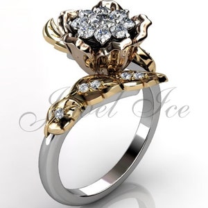 Flower Engagement Ring - 14k white, yellow and rose gold diamond cluster flower engagement ring, wedding ring, anniversary ring ER-1101-8