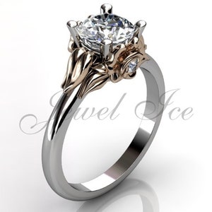 14k blanco de dos tonos y diamantes de oro rosa inusual anillo de compromiso floral único, anillo de novia, anillo de bodas ER-1051-5
