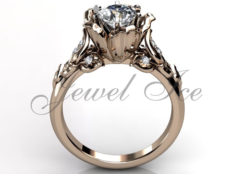 Flower Engagement Ring - 14k Rose Gold Diamond Unusual Unique Leaf and Flower Engagement Ring, Flower Wedding Ring, Promise Ring ER-1033-3