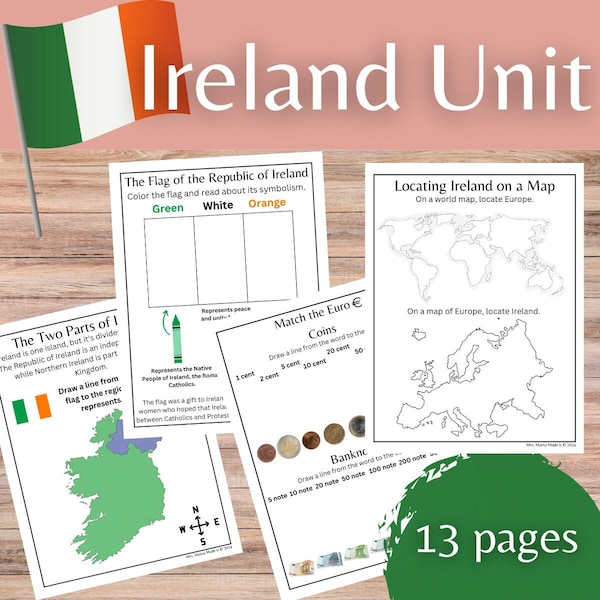 Ireland Mini Unit for St Patrick's Day Homeschool  and Classroom Study of Geography, Culture, Currency, and more for Kinder, 1st, 2nd, 3rd,