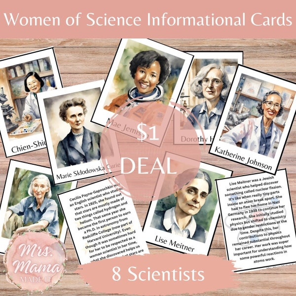 Women of Science Informational Flash Cards to Celebrate Women in Science Day Homeschool and Classroom 2-Sided Printable Download Watercolor