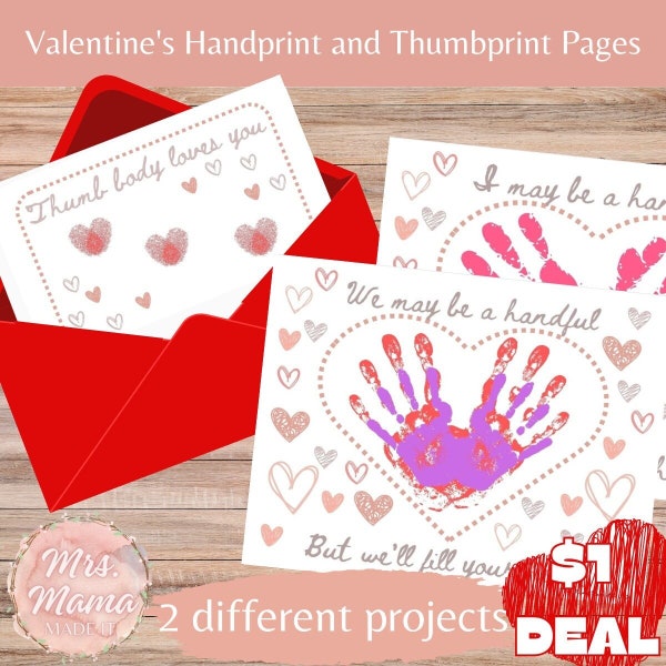 Valentine's Day Hand and Thumb Printable Pages DOLLAR DEAL for Personalized Gifts and Cards from your Children/Students Classroom Homeschool