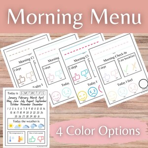 Peut inclure: Quatre listes de contrôle de routine matinale imprimables avec des bordures de couleurs différentes. Chaque liste de contrôle comprend des sections pour le sommeil, le petit-déjeuner, l'humeur et la météo. Les listes de contrôle sont conçues pour les enfants et présentent des graphismes et du texte simples.