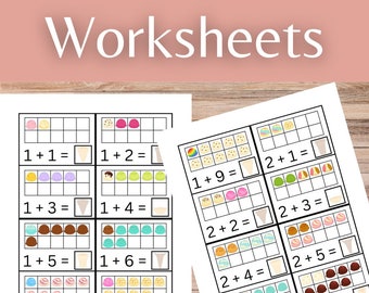 Ice Cream 10 Frame Addition Worksheets or Flashcards for Basic Math Visual Learning for Homeschool or Classroom Use Kindergarten 1st Grade