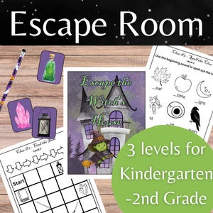 Puede incluir: Un juego educativo con temática de "Escape Room" para niños de preescolar a 2º grado. La imagen presenta un lápiz, tarjetas ilustradas y hojas de trabajo con rompecabezas. La imagen principal muestra una casa de brujas con el texto "Escape the Witch's House".