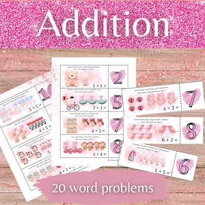 May include: A set of 20 printable addition word problems for children. The worksheets feature cute illustrations of animals and objects, with each problem presented in a colourful heart-shaped frame. The problems are designed to help children learn basic addition skills.