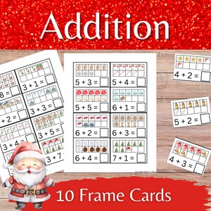 May include: Ten printable Christmas-themed addition worksheets for kids. Each worksheet features a 10-frame with festive images and an addition problem to solve. The worksheets are perfect for practicing basic addition skills.