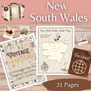 May include: A vintage travel-themed printable pack with a map of New South Wales, a passport, and a vintage travel game board. The pack includes 21 pages.