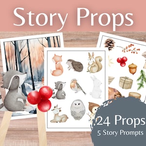 May include: Watercolor story props set featuring woodland animals and forest elements. Includes a raccoon, fox, squirrel, owl, and more. The image also includes the text "Story Props", "24 Props", and "5 Story Prompts".