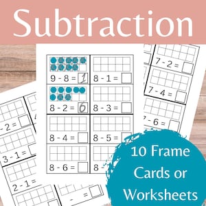 May include: Black and white printable worksheets with 10 frames to help teach subtraction. The worksheets include subtraction problems such as 9-8, 8-2, 8-1, 8-3, 8-4, 8-5, 8-6, 7-2, 7-4, 7-6, 4-2, 3-1, and 2-1. The text "Subtraction" and "10 Frame Cards or Worksheets" is also included on the worksheets.