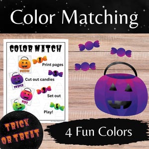 May include: A printable Halloween color matching game with instructions to print, cut out, and set out the candy pieces. The game features four different colored candy pieces and a pumpkin bucket. The text on the game card reads "Color Match" and "Trick or Treat".