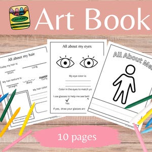 May include: A printable art book for kids with 10 pages. The cover features the title "Art Book" in black text on a pink background. The pages include prompts for kids to draw and write about themselves, such as their hair color, eye color, and favorite things.