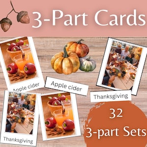 Op de afbeelding: Een set van 32 driedelige kaarten met afbeeldingen van appelcider, pompoenen en een Thanksgiving-diner. De kaarten zijn ontworpen voor educatieve doeleinden en zijn gelabeld met de woorden "Appelcider" en "Thanksgiving".