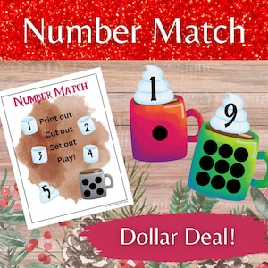 Hot Chocolate Christmas Counting 1-10 Number Match Winter Game Preschool and Kindergarten Counting Skills & Recognition Activity Cocoa Mugs