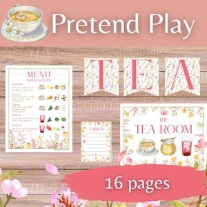 May include: A printable set of 16 pages for pretend play, featuring a tea party theme. The set includes a menu, order form, tea room sign, and a banner that says "TEA". The pages are decorated with watercolor illustrations of flowers, teacups, and teapots.