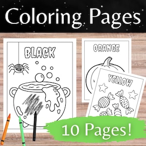 May include: Black and white coloring pages with Halloween themes. The pages include a cauldron, spider, pumpkin, and candy. The text on the pages reads "Black", "Orange", and "Yellow". The words "Coloring Pages" and "10 Pages!" are also visible.