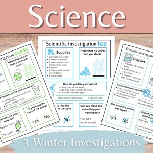 Peut inclure: Trois feuilles de travail imprimables pour une expérience scientifique sur la glace, les bonbons et les boules de coton. Chaque feuille de travail a un titre, une liste de fournitures et une série de questions pour guider l'expérience. Les feuilles de travail sont conçues pour que les enfants apprennent les sciences par le biais d'activités pratiques.