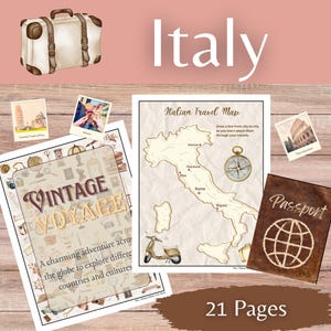 Puede incluir: Ilustración con elementos de viaje. Se muestra una maleta vintage, postales y un mapa de Italia. También se ve el texto "Italy", "Vintage Voyage" y "21 Pages".