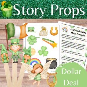 May include: A printable St. Patrick's Day story prompt activity with a green shamrock, gold coin, horseshoe, and a leprechaun holding a flag. The printable includes a story prompt that says "Magical fairy is on a quest to spread luck on St. Patrick's Day. Where does she fly and who does she take her lucky dust on?"