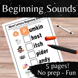 Puede incluir: Una hoja de trabajo imprimible para que los niños practiquen los sonidos iniciales. La hoja de trabajo presenta un fantasma, una bruja, una araña, una calabaza y un maíz dulce. Las instrucciones dicen que se debe usar un crayón blanco o un marcador para escribir las letras iniciales que faltan sobre el color en el cuadro. La hoja de trabajo se titula "Ghost Letters Beginning Sounds" y dice "¡5 páginas! Sin preparación - Divertido".