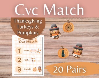 Thanksgiving CVC Word Match – Turkey & Pumpkin Phonics Game (Digital Download)