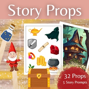 May include: A set of 32 printable story props and 5 story prompts. The props include a magic lamp, a shield, a scroll, a red gem, a ring, gold coins, a cauldron, a chest, a bottle of potion, a gnome, and a house. The props are designed to be used with children to help them tell stories.