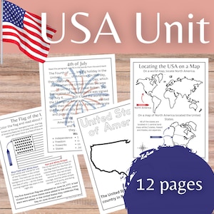 Puede incluir: Unidad educativa de EE. UU. con hojas de trabajo, que incluyen un mapa, para colorear la bandera y actividades del 4 de julio. Presenta una bandera estadounidense y el texto "USA Unit". Contiene 12 páginas.