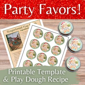 Könnte beinhalten: Das Bild zeigt Party-Gastgeschenke mit dem Text "Party Favors!" in Weiß auf einem roten Glitzerhintergrund. Enthält eine druckbare Vorlage und ein Knetrezept. Das Bild zeigt ein Blatt Aufkleber und drei Knetbehälter.
