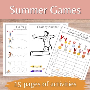 Puede incluir: Un conjunto de 15 hojas de trabajo imprimibles para niños con el tema de los juegos de verano. Las hojas de trabajo incluyen actividades como trazar, colorear por números y contar y graficar. Las hojas de trabajo presentan imágenes de atletas, medallas y otros elementos relacionados con los juegos de verano.