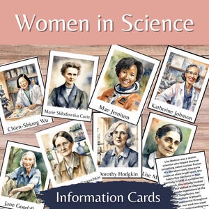 Women of Science Informational Flash Cards to Celebrate Women in Science Day Homeschool and Classroom 2-Sided Printable Download Watercolor