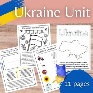 May include: Educational printables titled "Ukraine Unit" with the colours of the Ukrainian flag and text. The pages include colouring activities, information about Ukrainian independence, symbols, and a map. The set is advertised as 11 pages.