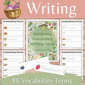 May include: A set of 88 printable gardening vocabulary writing task cards. Each card features a black and white illustration of a gardening tool or plant, with a line for writing the word. The cards are designed to help children learn and practice their gardening vocabulary.